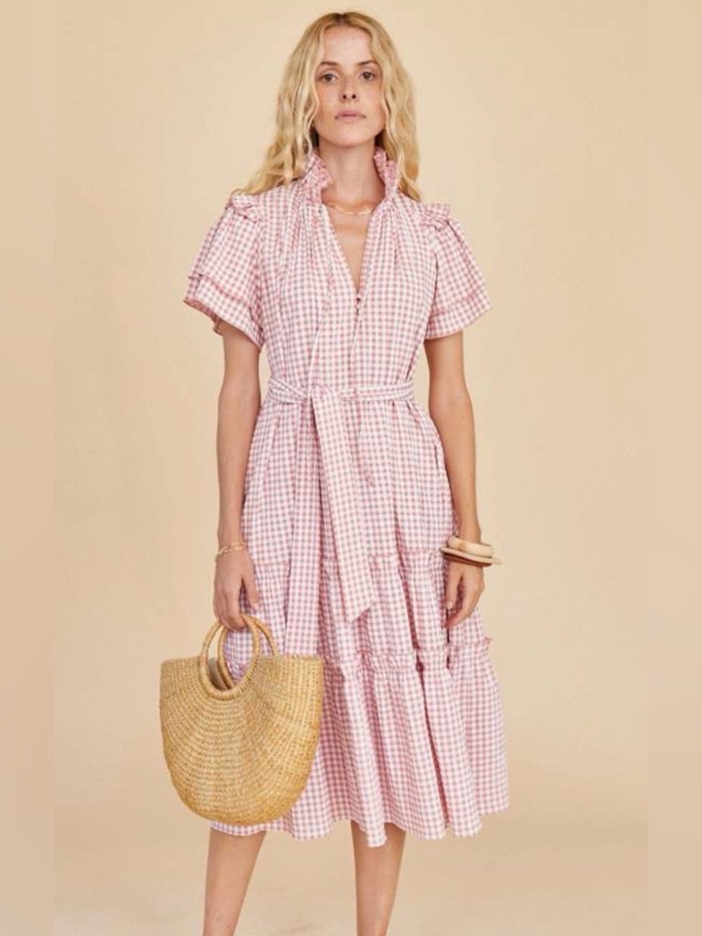 Hunter Bell Matthews Dress. Mauvey Pink Gingham. Size Small